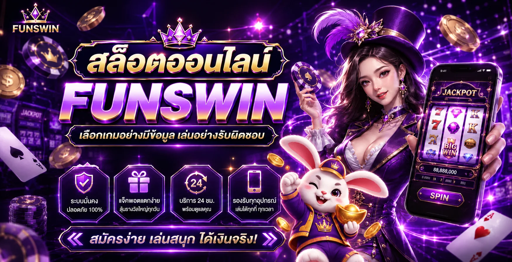สล็อตออนไลน์ FUNSWIN พร้อมมาสคอตกระต่ายและหน้าจอเกม